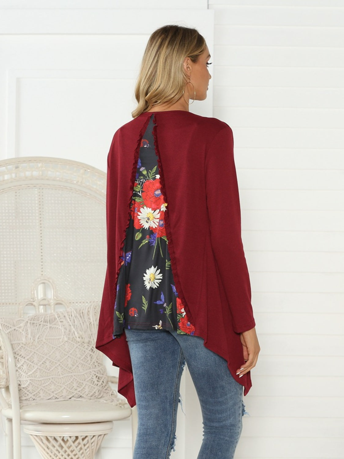 Shiny Floral Open Front Long Sleeve Cardigan-Angel Casuals