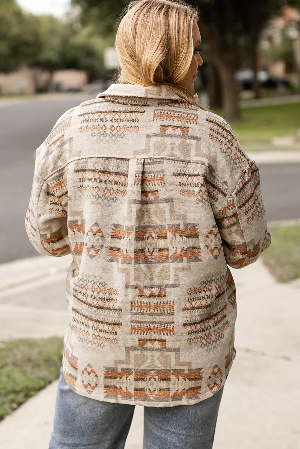 Plus Size Geometric Collared Neck Long Sleeve Jacket-Angel Casuals