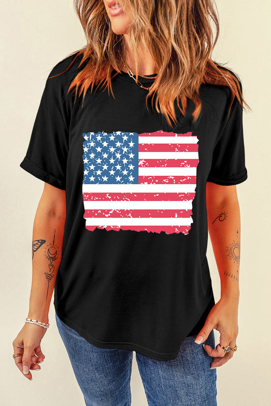 US Flag Round Neck Short Sleeve T-Shirt-Angel Casuals