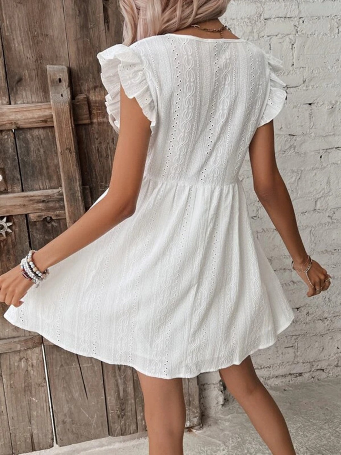 Eyelet Ruffled Cap Sleeve Mini Dress-Angel Casuals