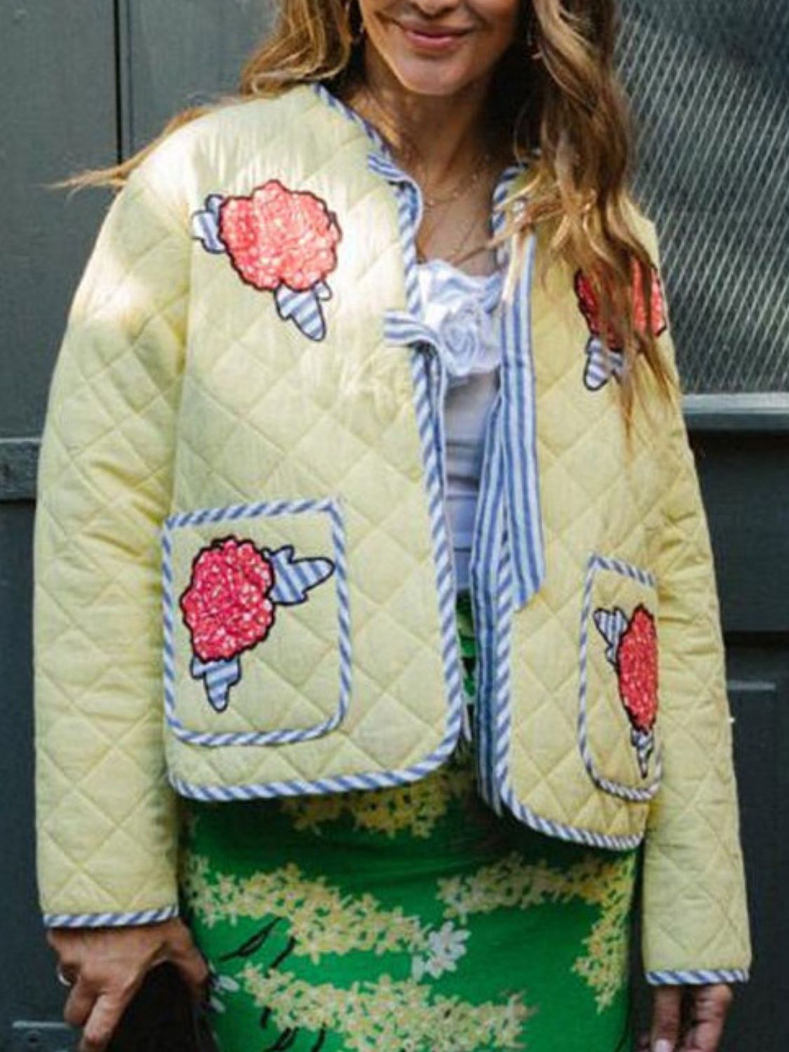 Embroidered Flower Tied Long Sleeve Winter Coat-Angel Casuals