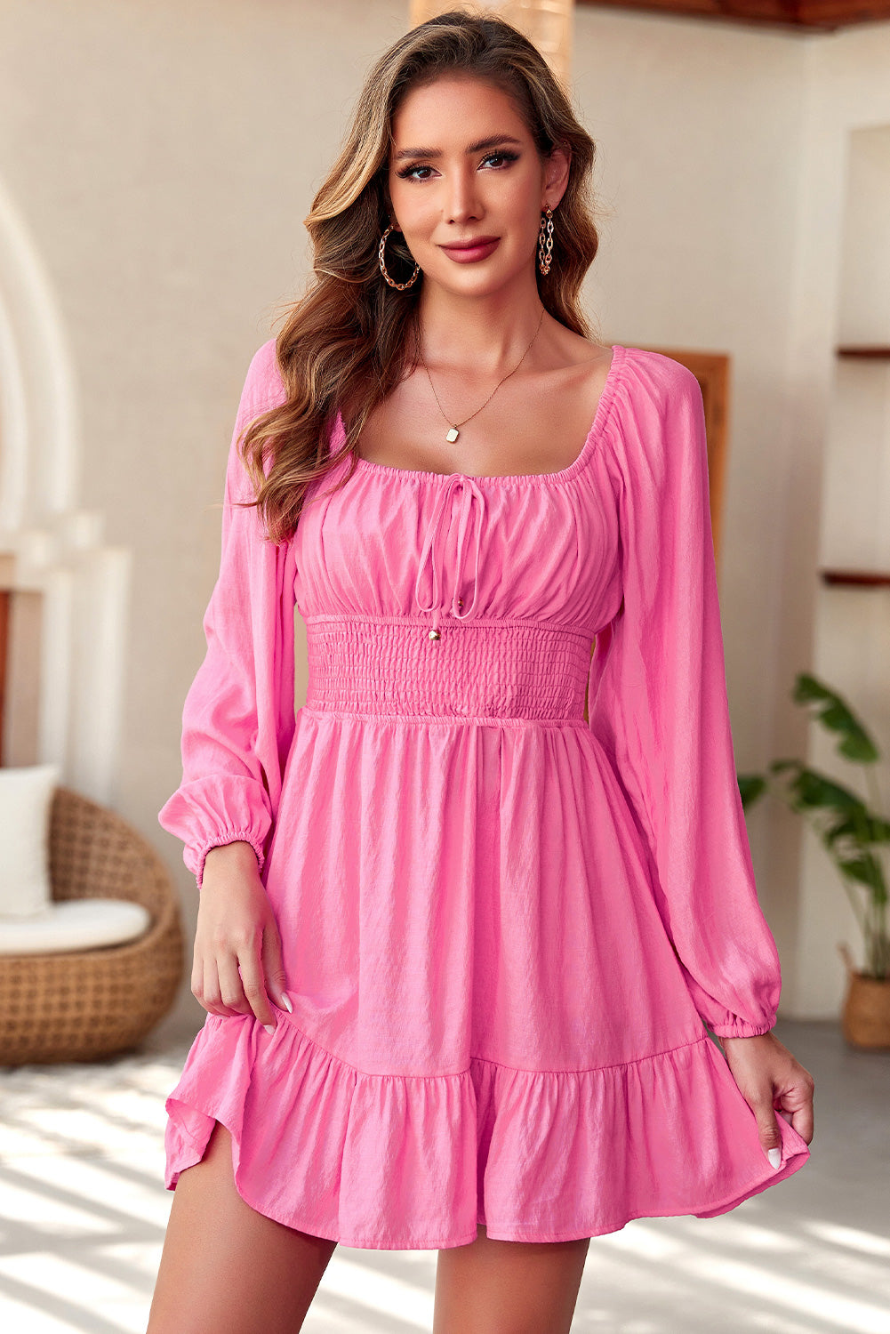 Smocked Balloon Sleeve Off-Shoulder Mini Dress-Angel Casuals