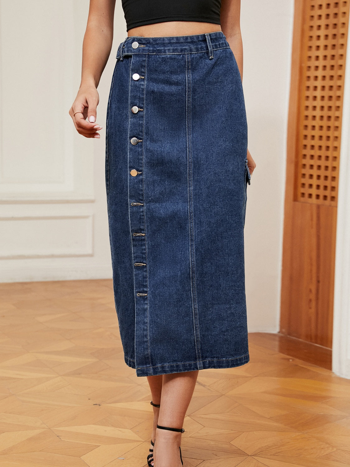 Button Down Midi Denim Skirt-Angel Casuals