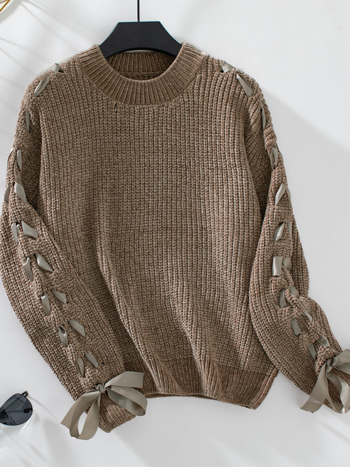 Lace Up Round Neck Long Sleeve Sweater-Angel Casuals