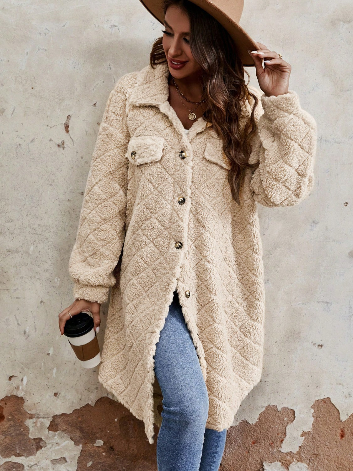 Fuzzy Button Up Dropped Shoulder Long Sleeve Coat-Angel Casuals