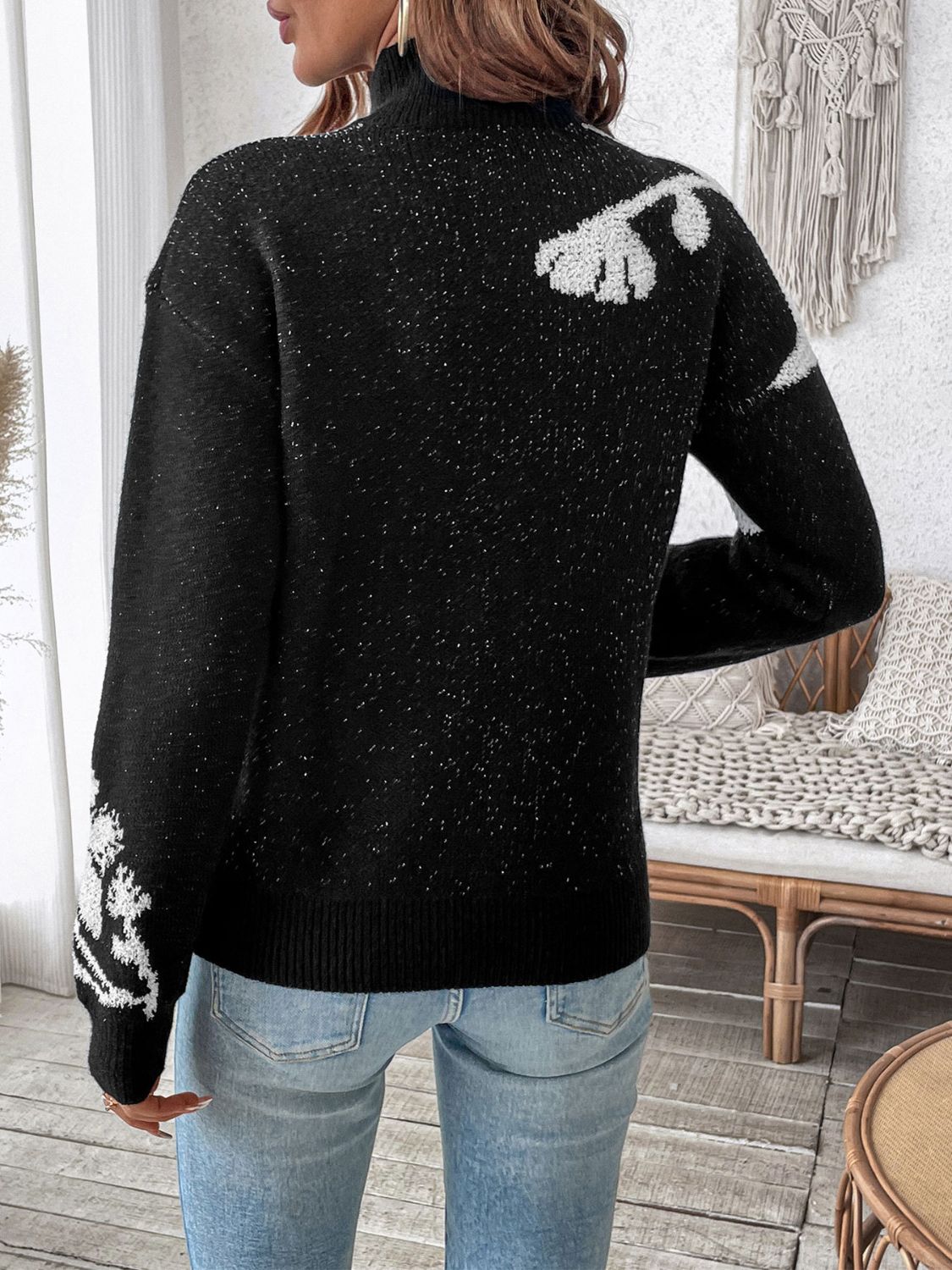 Perfee Flower Mock Neck Long Sleeve Sweater-Angel Casuals