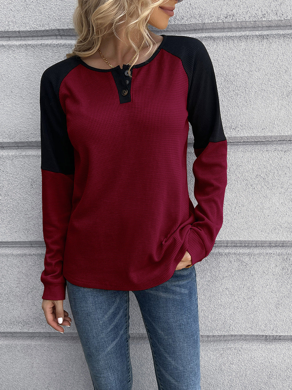 Contrast Buttoned Round Neck Raglan Sleeve Top-Angel Casuals