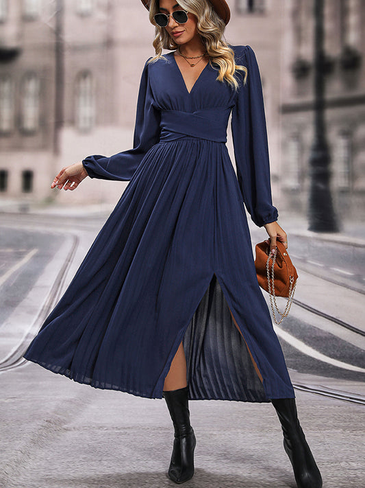 V-Neck Long Sleeve Pleated Slit Dress-Angel Casuals