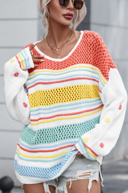 Hollow Striped Color Block Round Neck Sweater-Angel Casuals