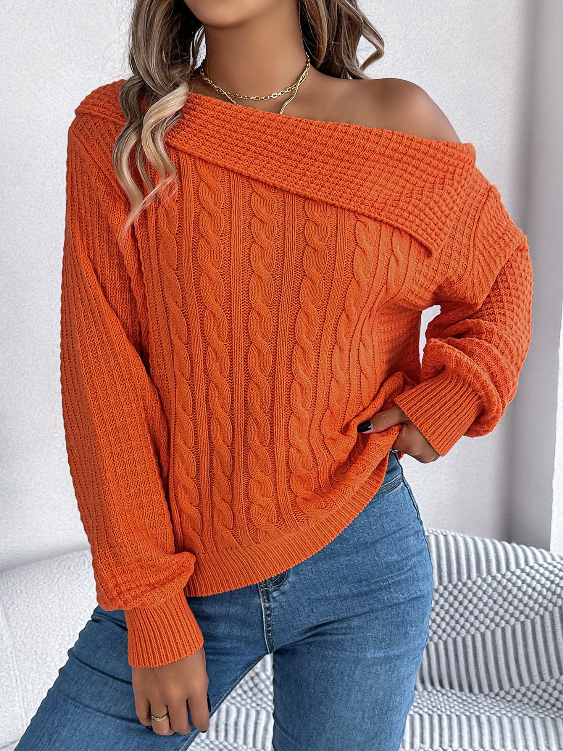 Cable-Knit One Shoulder Long Sleeve Sweater-Angel Casuals