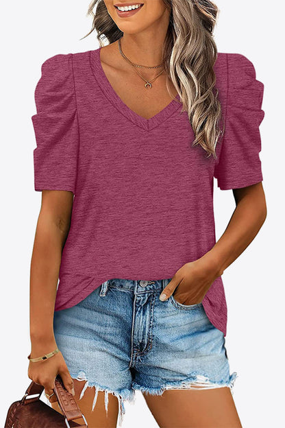 V-Neck Puff Sleeve Tee-Angel Casuals