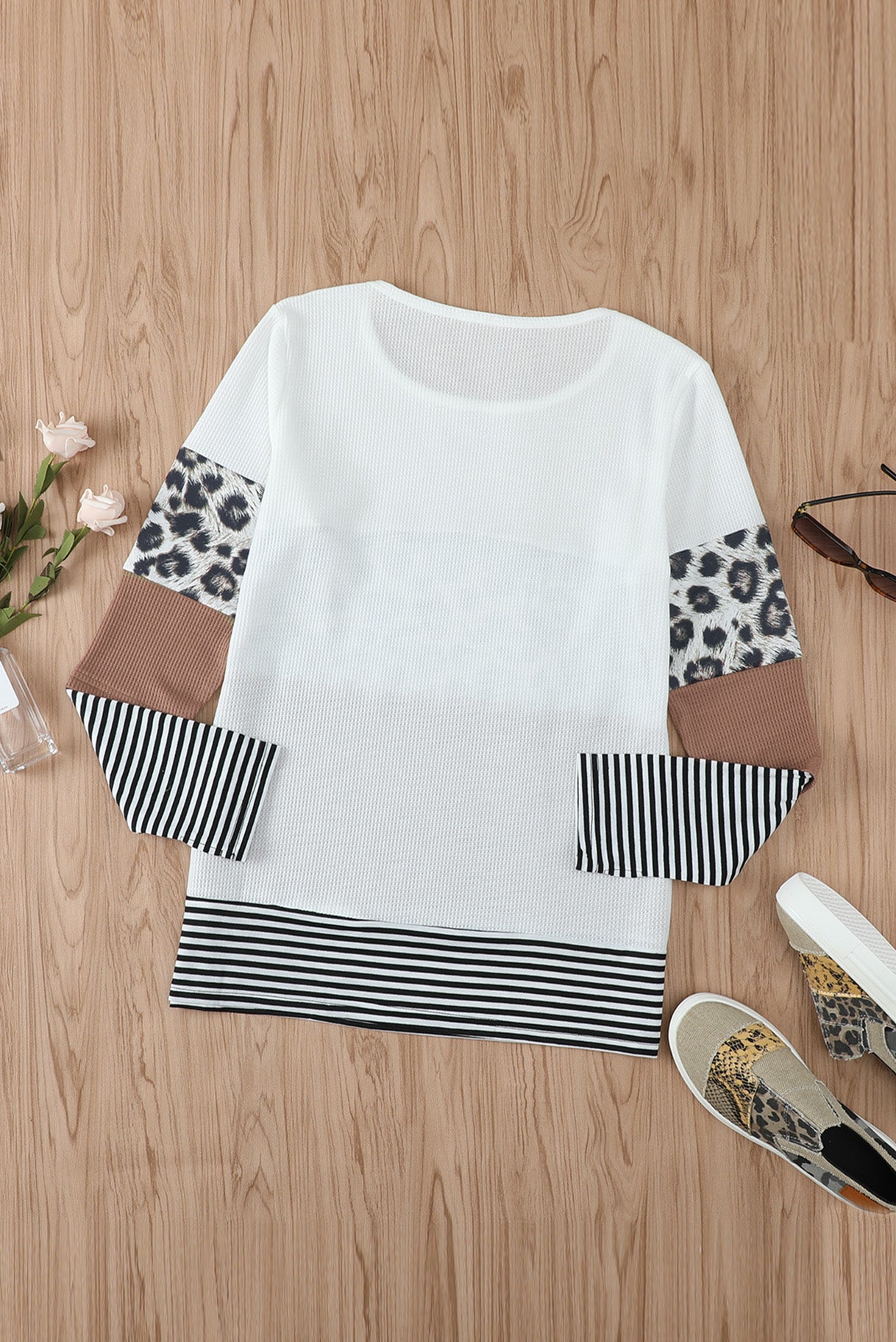 Waffle-Knit Leopard Round Neck Long Sleeve T-Shirt-Angel Casuals