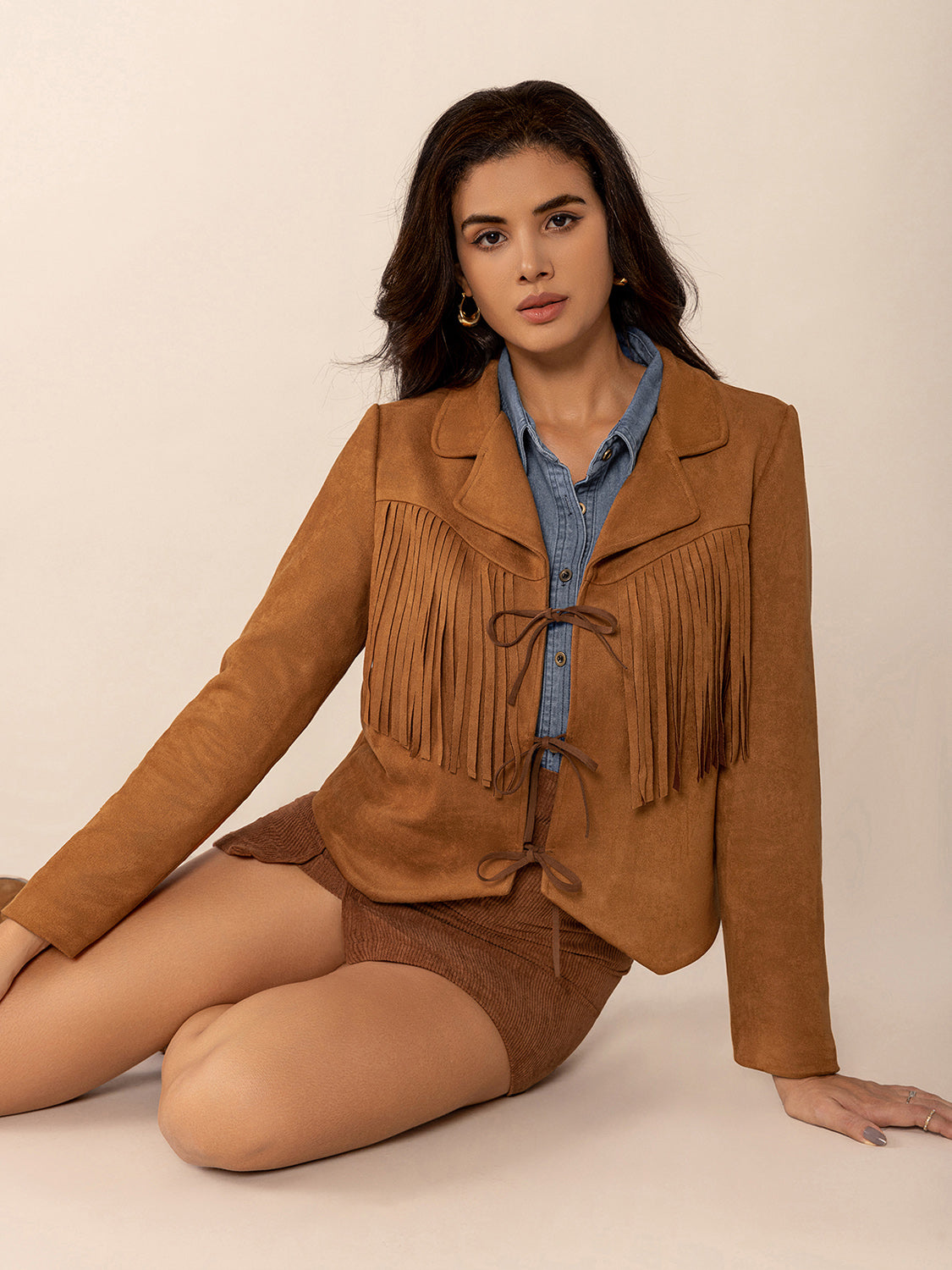 Tied Tassel Collared Neck Long Sleeve Jacket-Angel Casuals