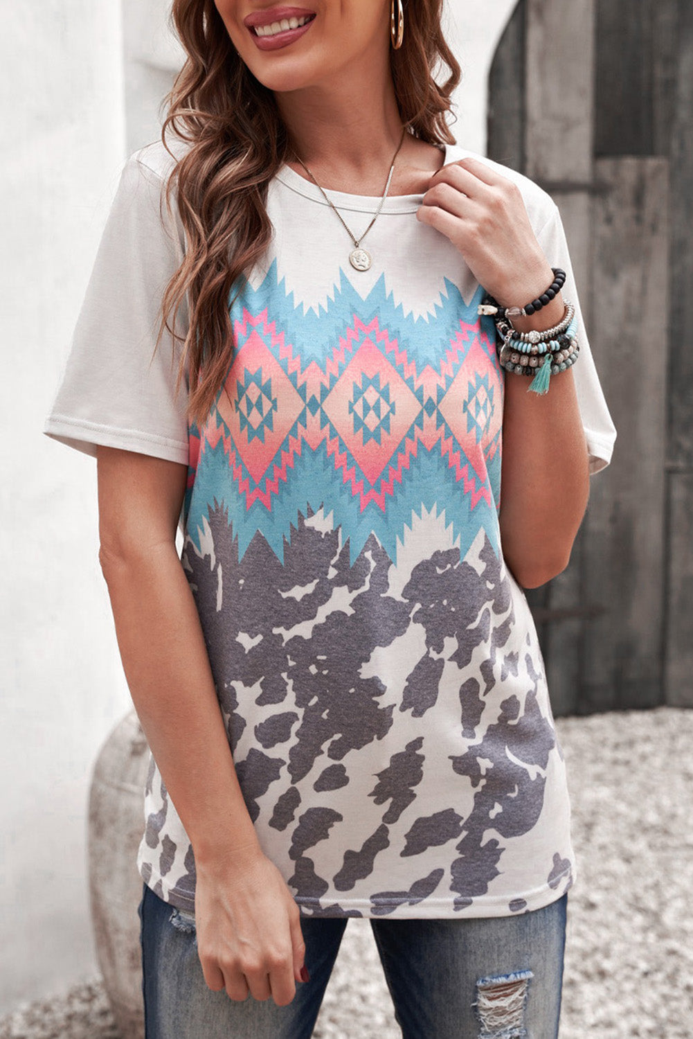 Printed Round Neck Tunic Tee-Angel Casuals