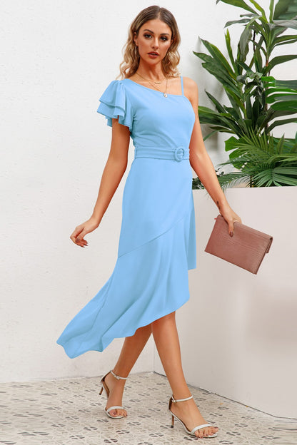 Ruffled Asymmetrical Neck Flutter Sleeve Dress-Angel Casuals