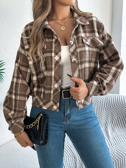 Plaid Button Up Long Sleeve Jacket-Angel Casuals