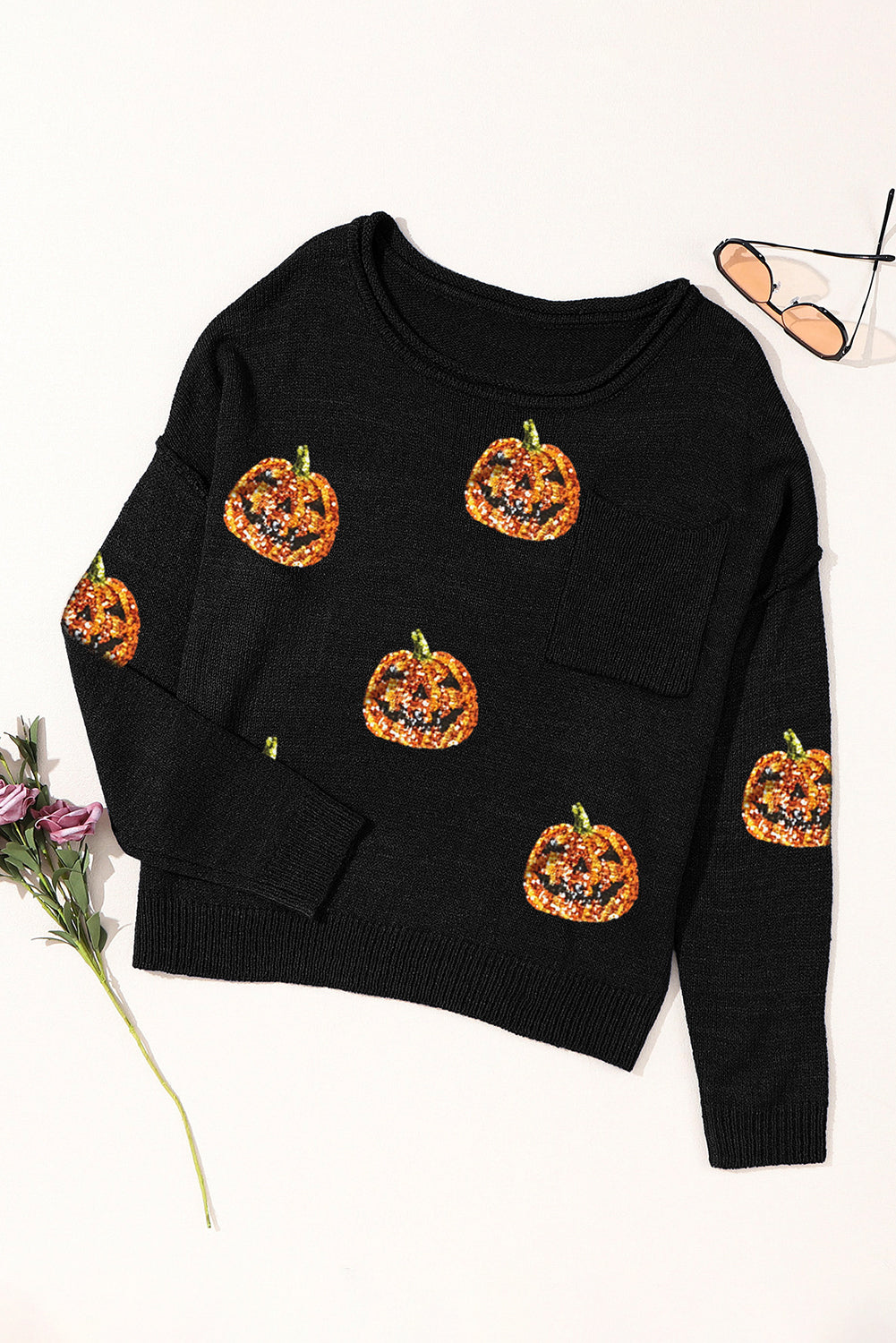 Pumpkin Round Neck Long Sleeve Knit Top-Angel Casuals