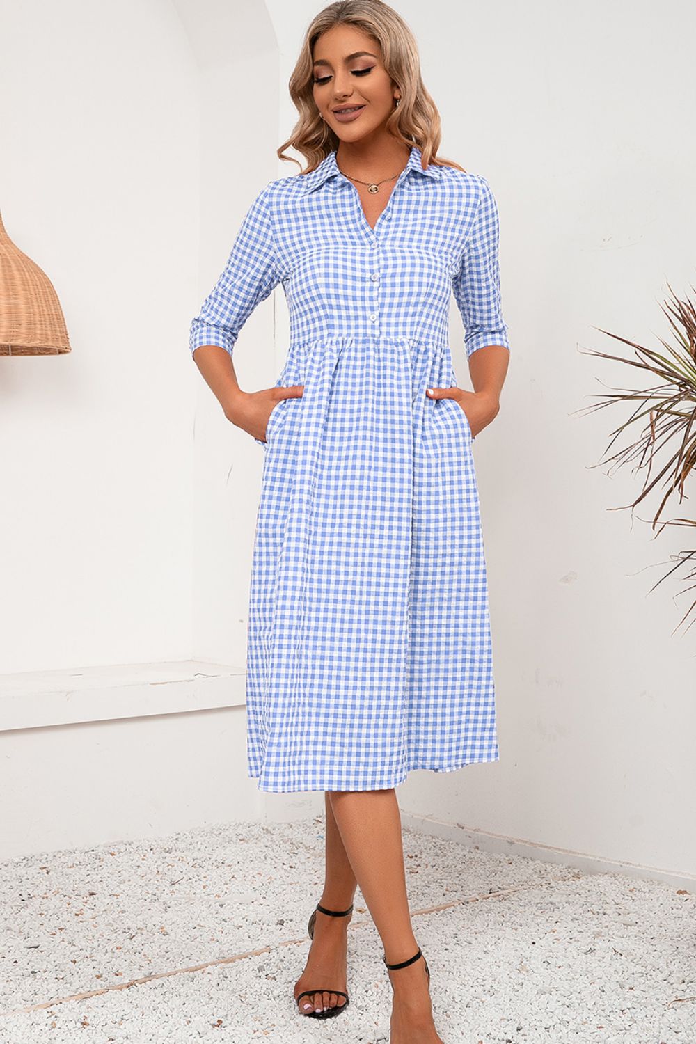 Plaid Collared Neck Midi Dress-Angel Casuals