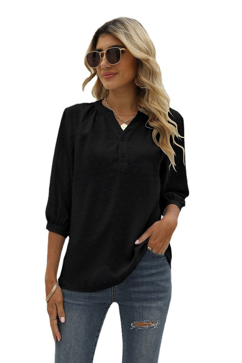 Swiss Dot Notched Neck Three-Quarter Sleeve Blouse-Angel Casuals