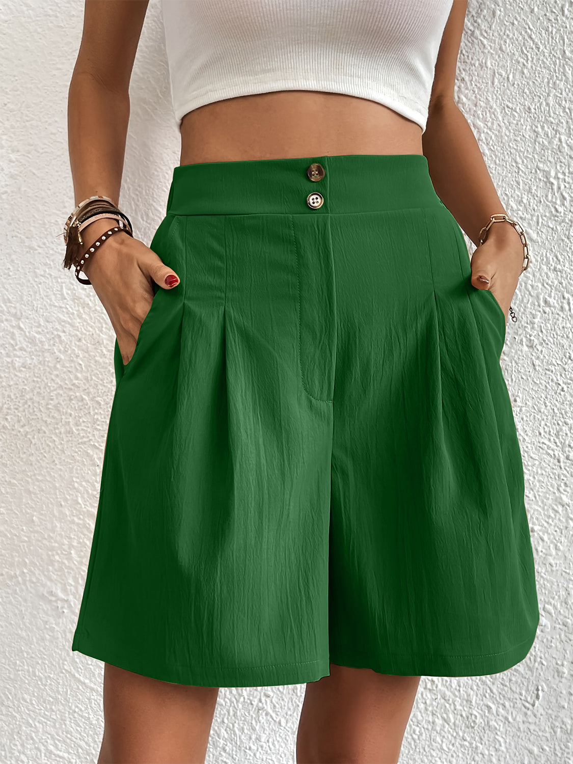 Pocketed Half Elastic Waist Shorts-Angel Casuals