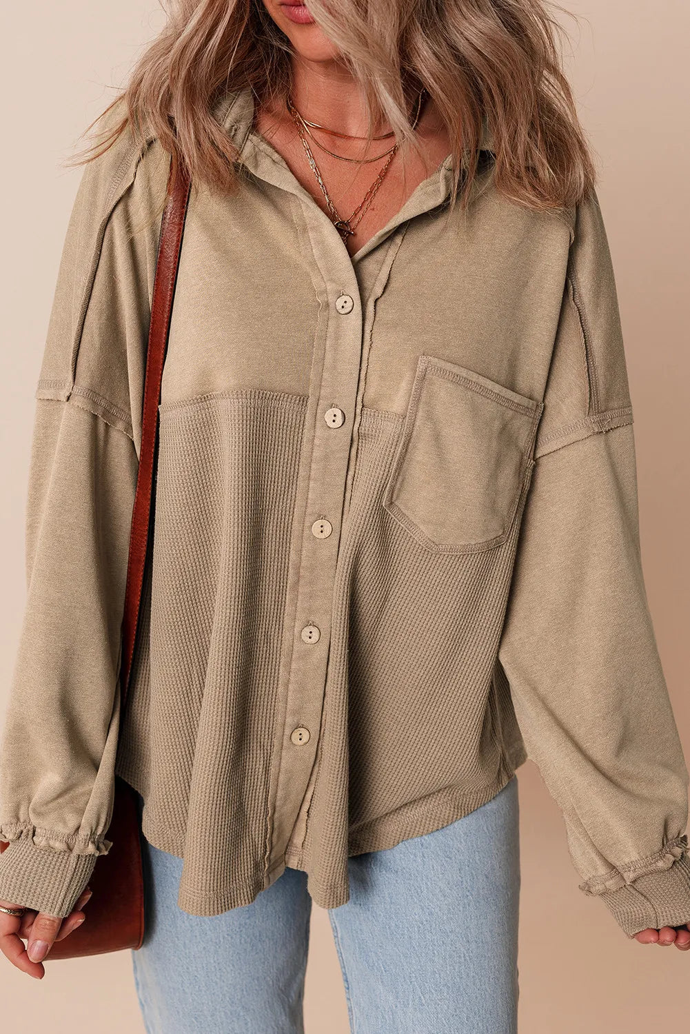 Waffle-Knit Collared Neck Long Sleeve Shacket-Angel Casuals