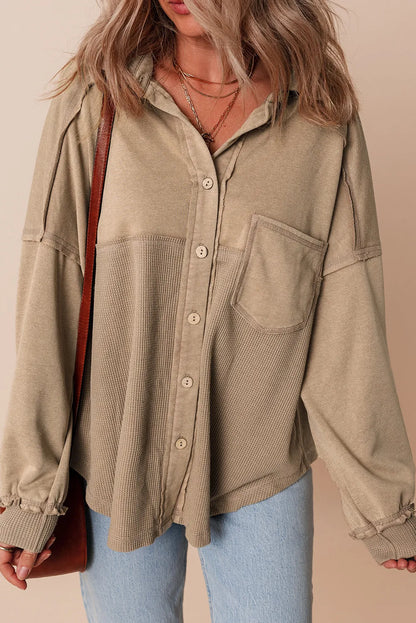 Waffle-Knit Collared Neck Long Sleeve Shacket-Angel Casuals