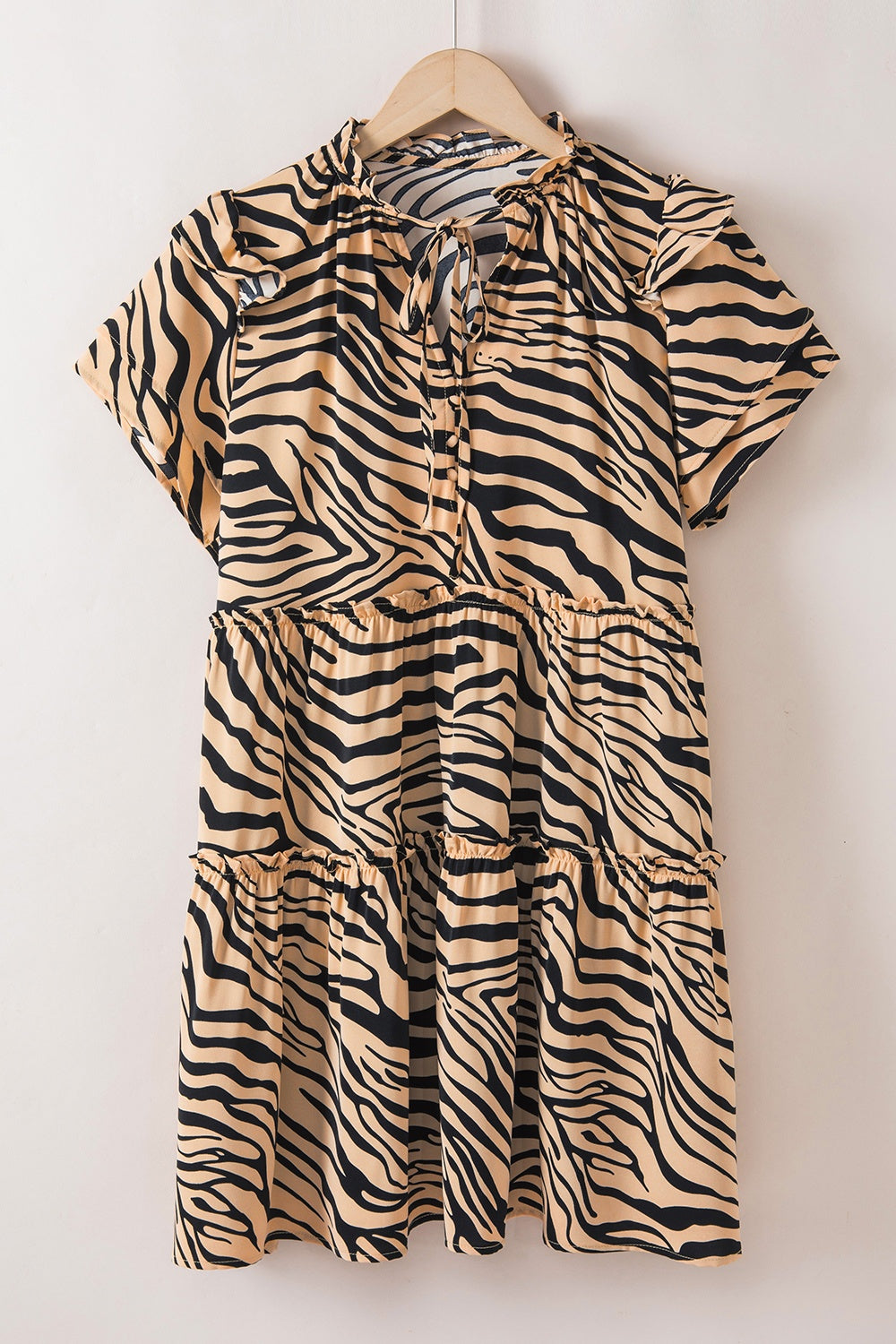 Ruffled Animal Print Tie Neck Mini Dress-Angel Casuals