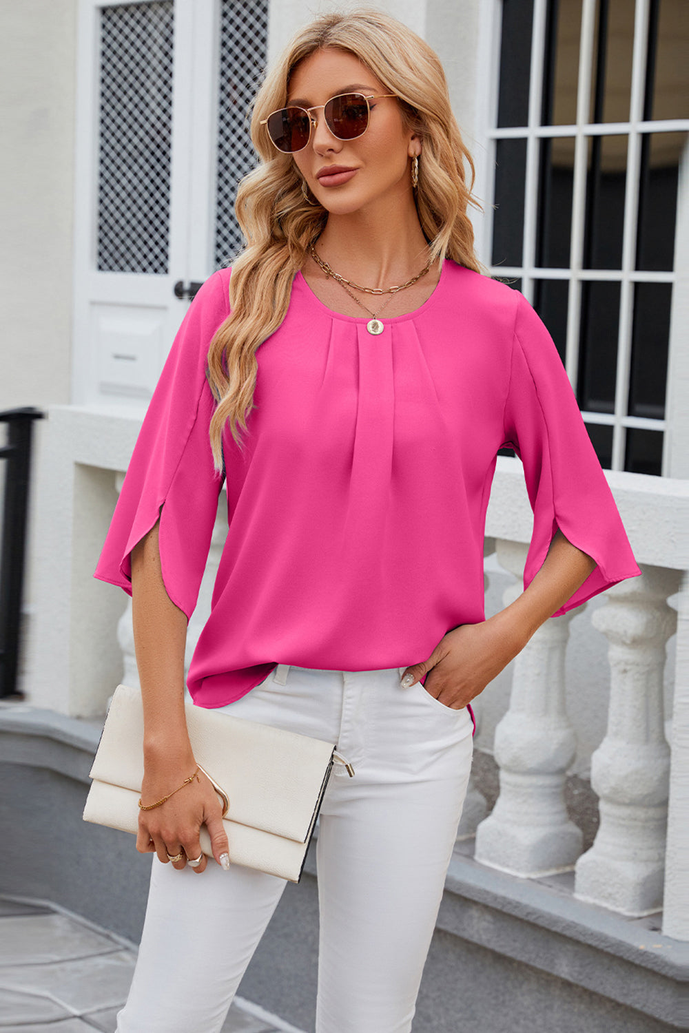 Round Neck Slit Half Sleeve Top-Angel Casuals
