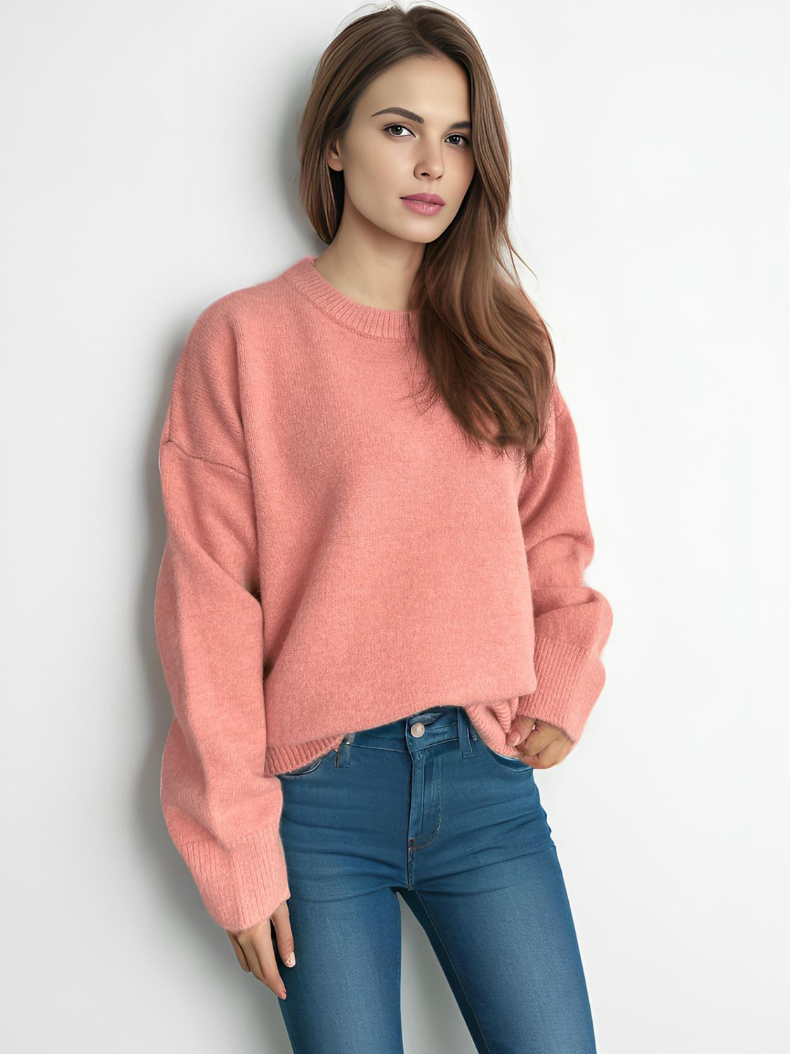 Round Neck Dropped Shoulder Long Sleeve Sweater-Angel Casuals