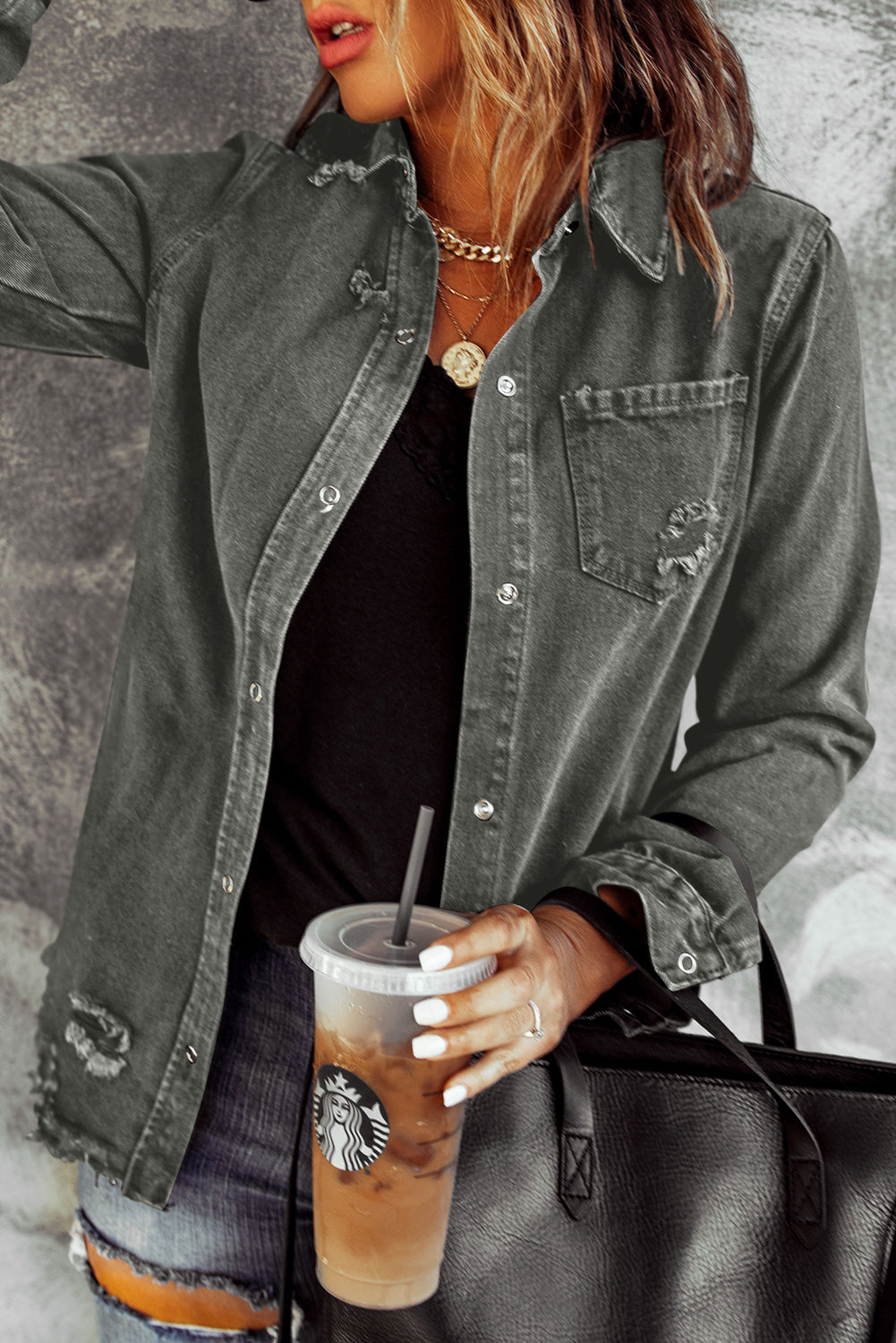 Distressed Raw Hem Snap Down Denim Jacket-Angel Casuals