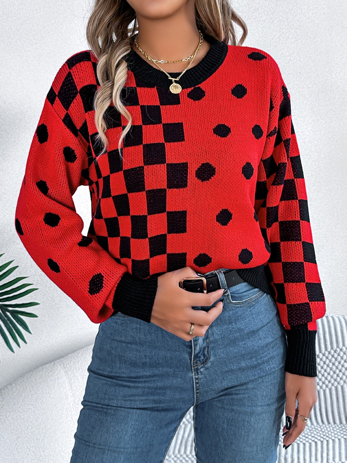 Plaid Round Neck Long Sleeve Sweater-Angel Casuals