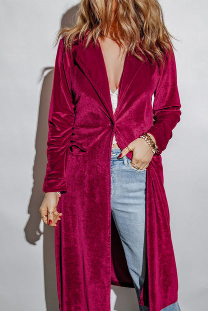 Collared Neck Longline Velvet Cardigan with Pockets-Angel Casuals