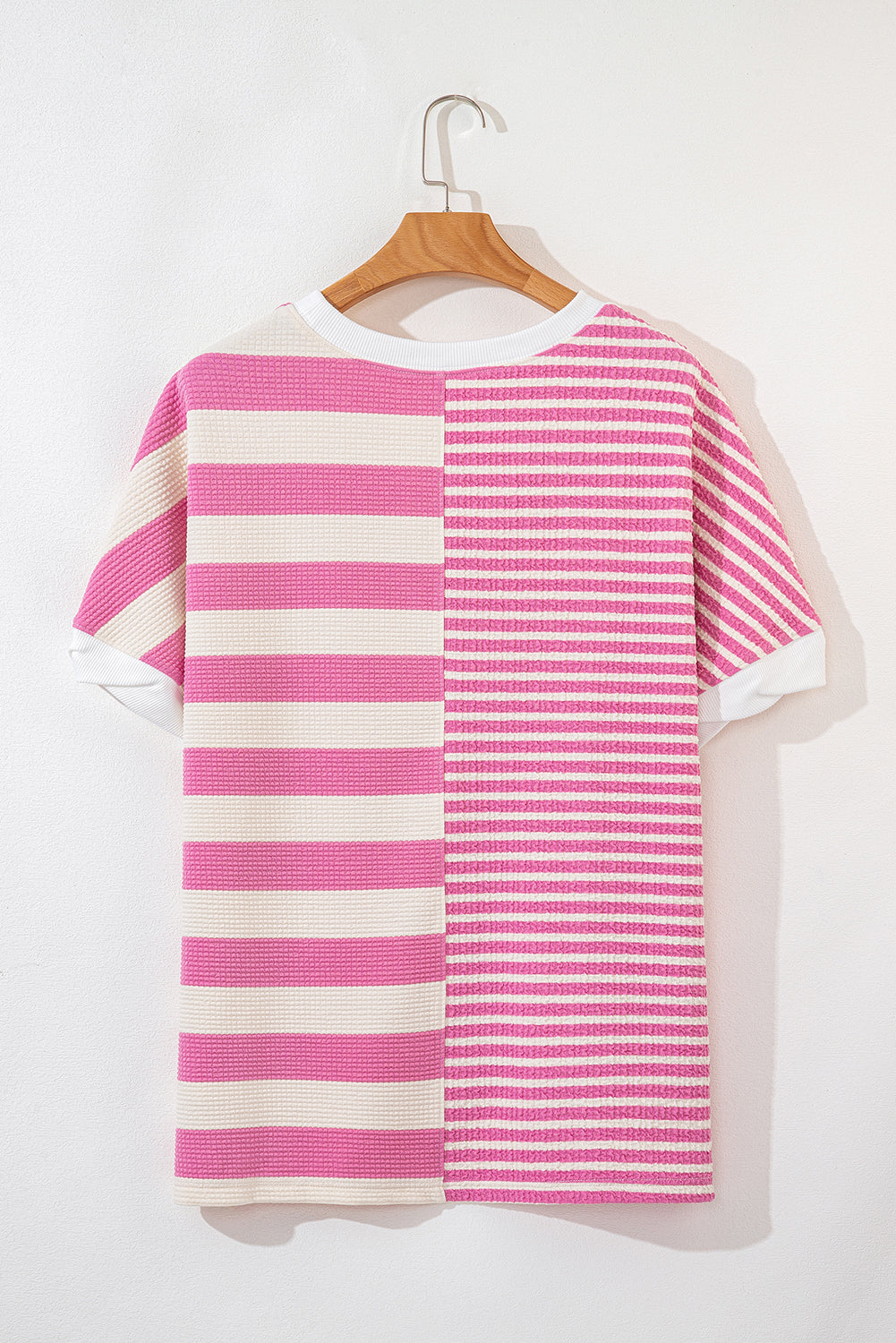 High-Low Striped Round Neck Short Sleeve T-Shirt-Angel Casuals
