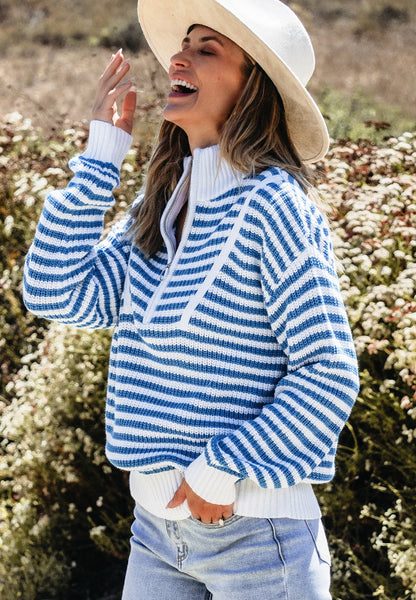 Striped Half Zip Mock Neck Long Sleeve Sweater-Angel Casuals