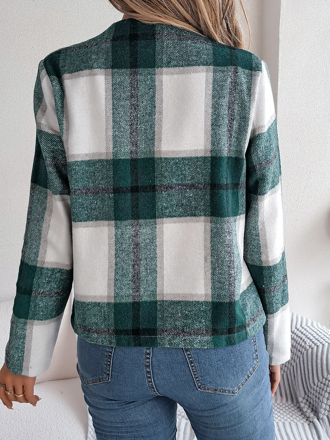 Plaid Open Front Long Sleeve Jacket-Angel Casuals