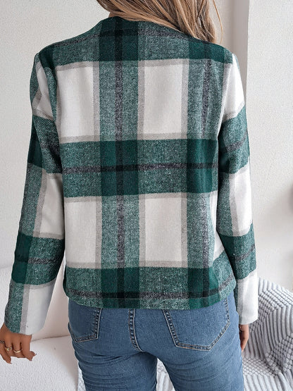 Plaid Open Front Long Sleeve Jacket-Angel Casuals