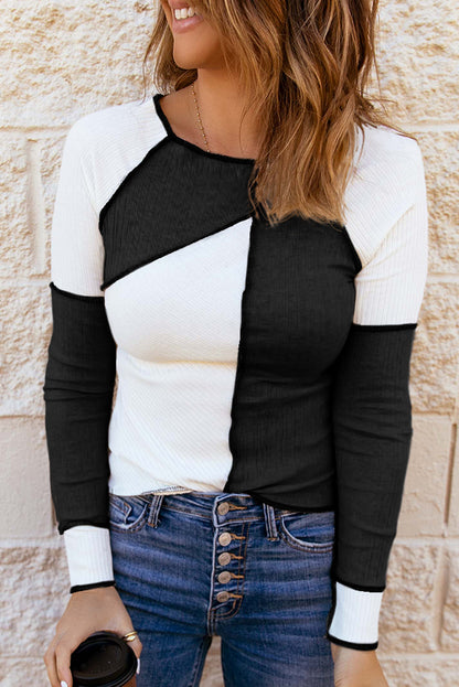 Color Block Round Neck Long Sleeve T-Shirt-Angel Casuals