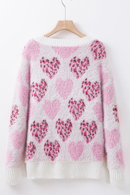 Pearl Detail Heart Round Neck Sweater-Angel Casuals