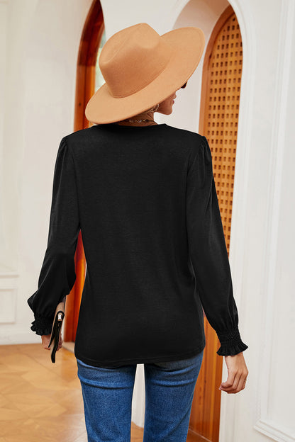Lace Detail V-Neck Lantern Sleeve T-Shirt-Angel Casuals