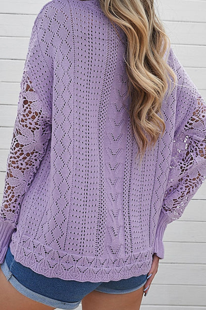 Openwork Round Neck Long Sleeve Sweater-Angel Casuals