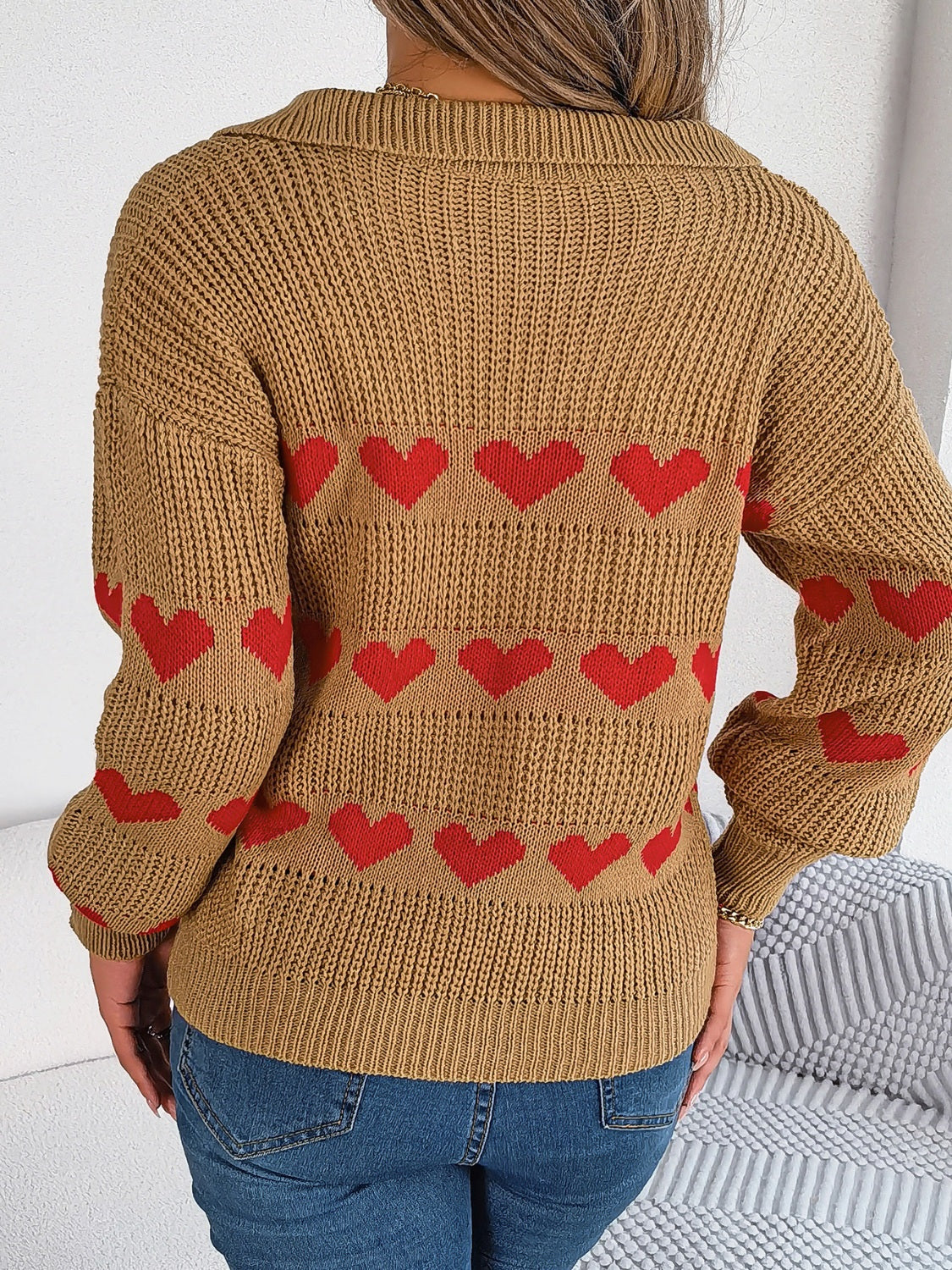 Heart Johnny Collar Long Sleeve Sweater-Angel Casuals