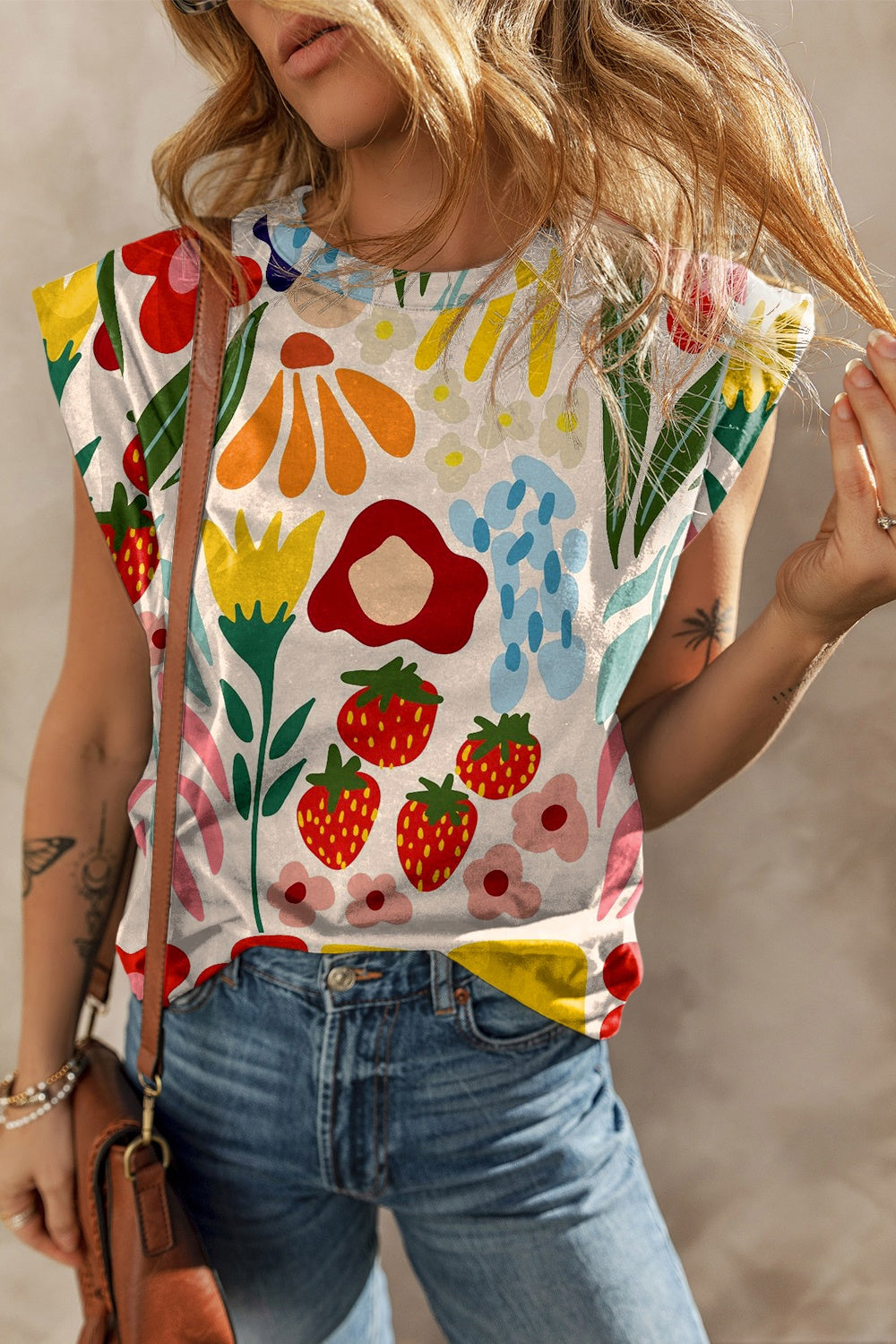 Printed Round Neck Cap Sleeve T-Shirt-Angel Casuals