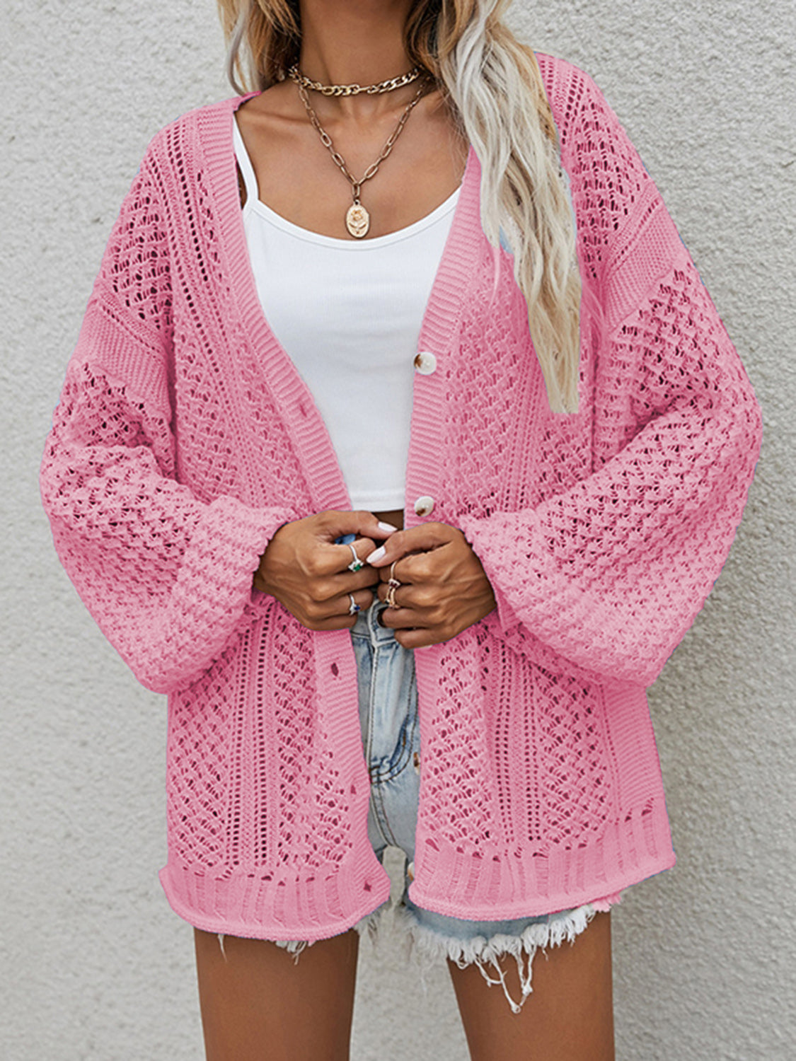 Openwork Button Front Cardigan-Angel Casuals