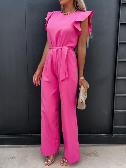 Ruffled Round Neck Cap Sleeve Jumpsuit-Angel Casuals