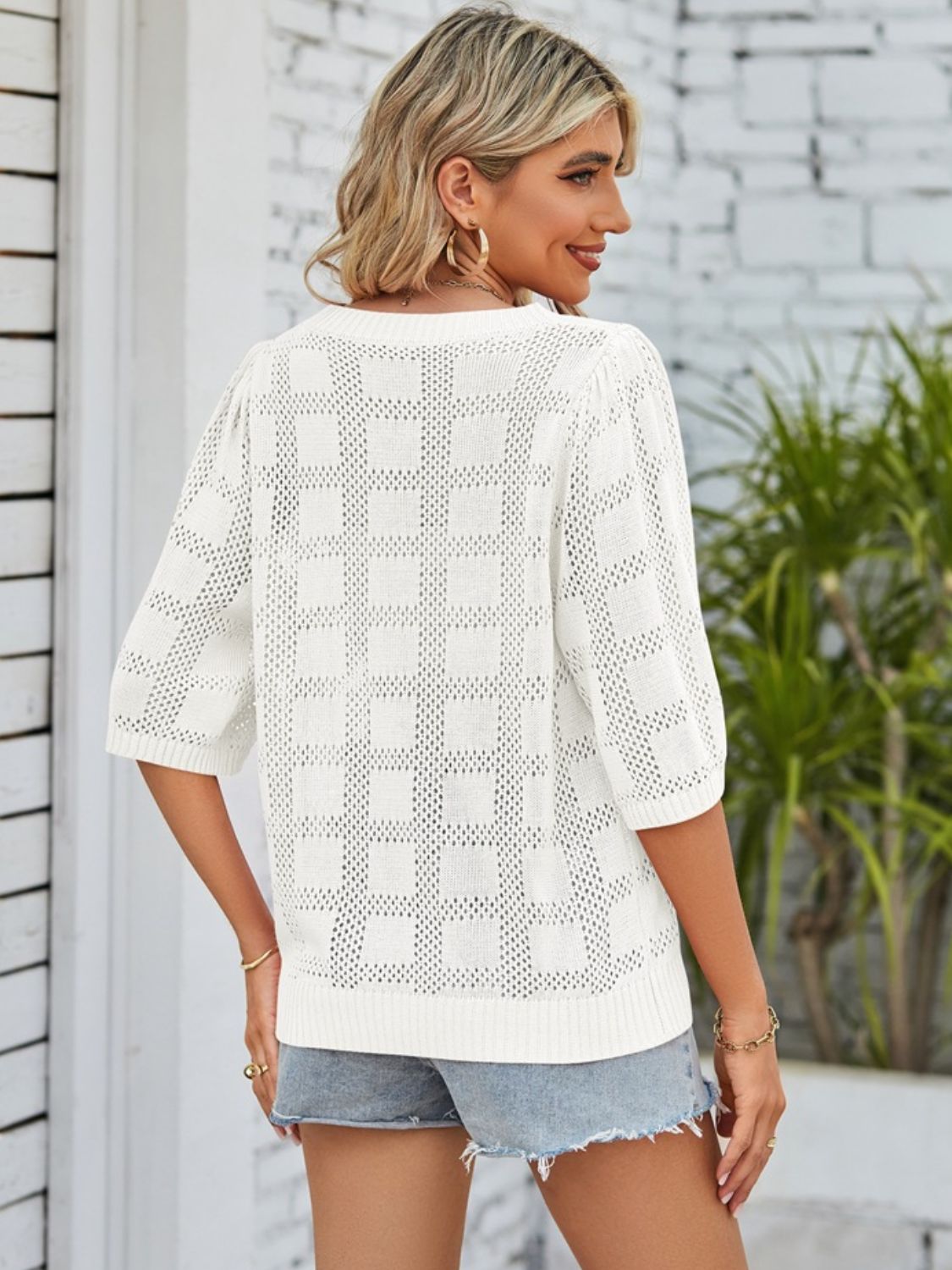 Mandy Openwork Round Neck Knit Top-Angel Casuals