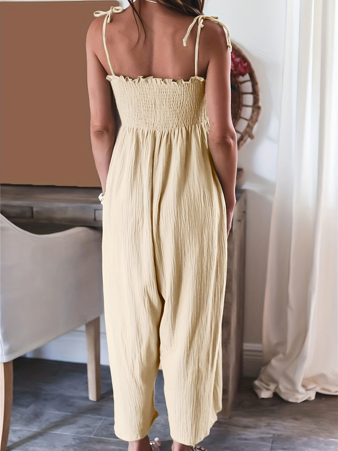 Full Size Smocked Spaghetti Strap Wide Leg Jumpsuit-Angel Casuals