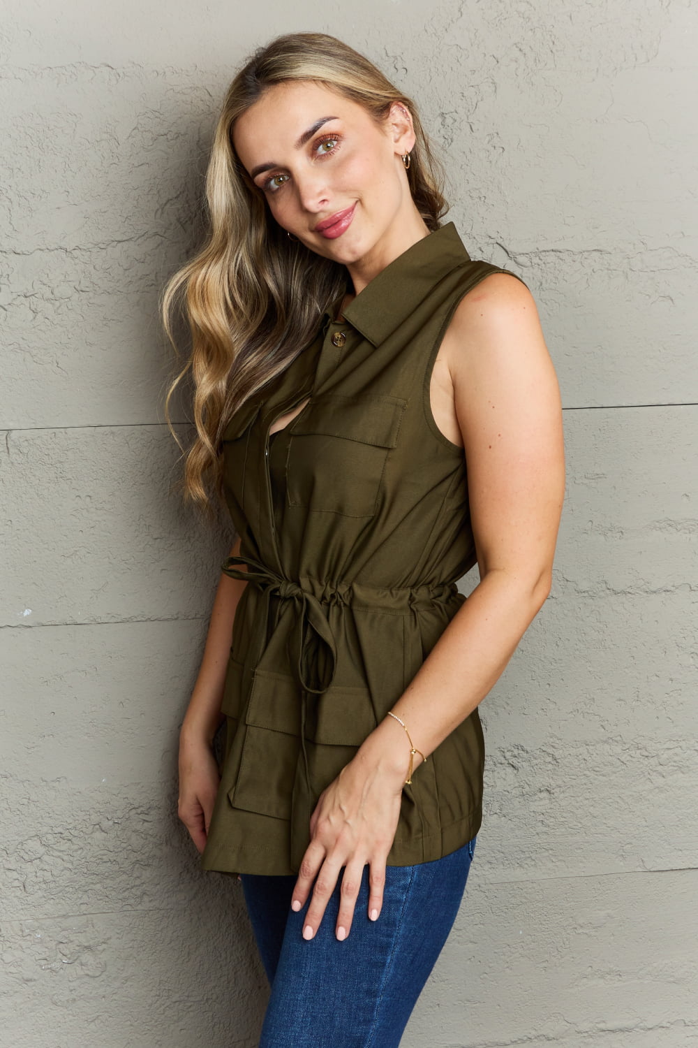 Ninexis Follow The Light Sleeveless Collared Button Down Top-Angel Casuals