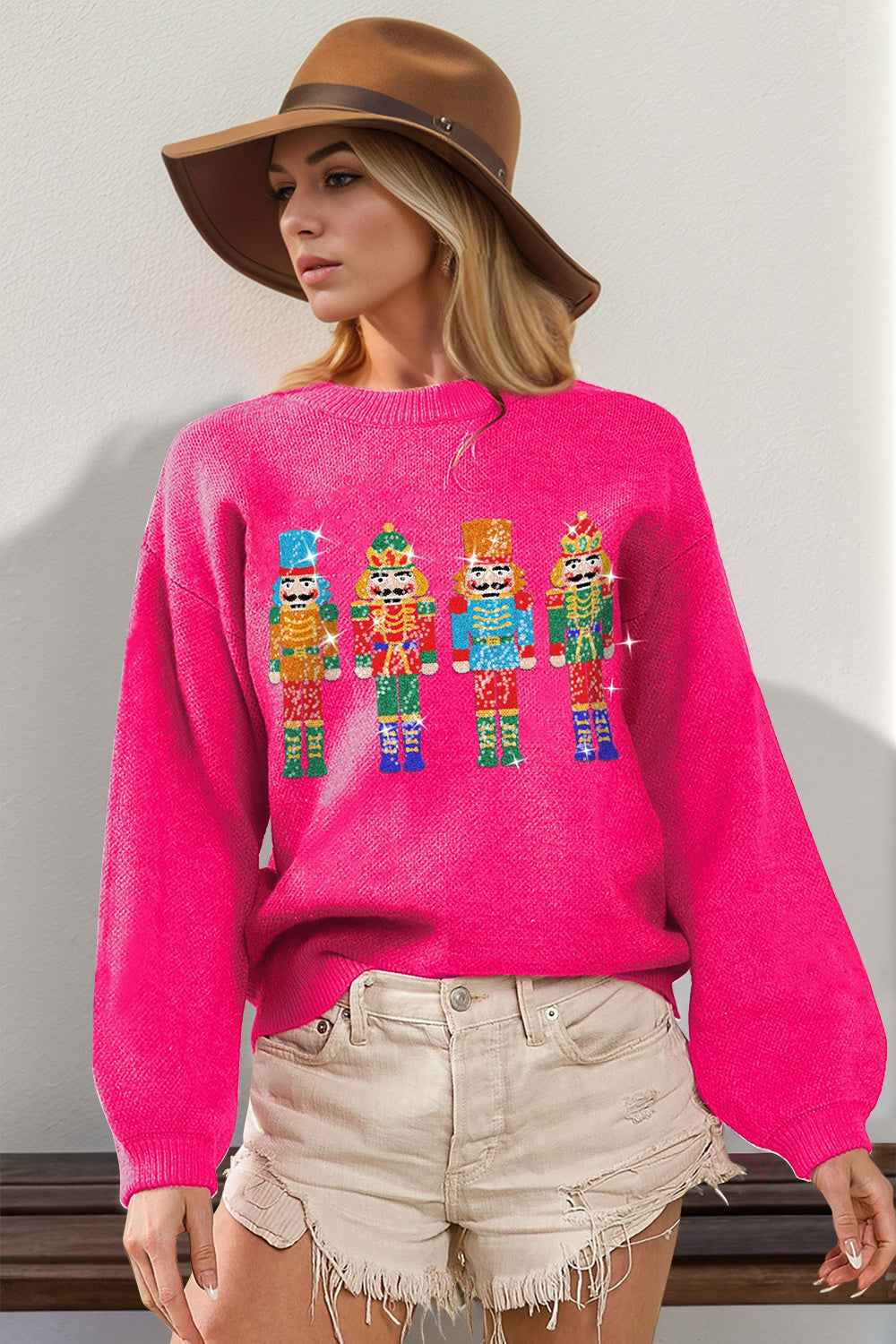 Double Take Full Size Sequin Nutcracker Long Sleeve Sweater-Angel Casuals