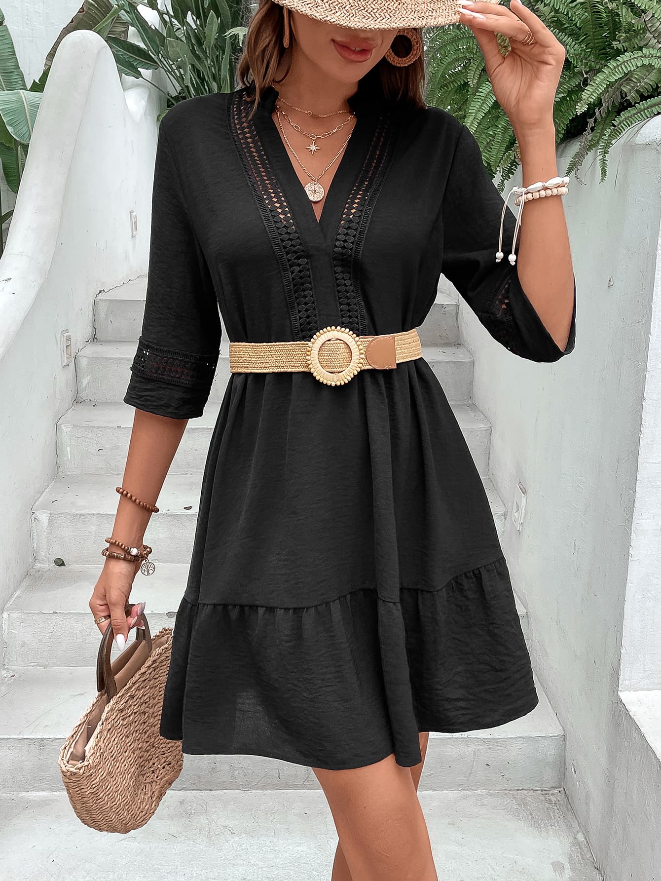 Notched Neck Half Sleeve Dress-Angel Casuals