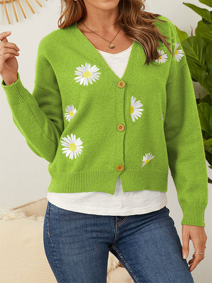 Flower Button Front Dropped Shoulder Cardigan-Angel Casuals